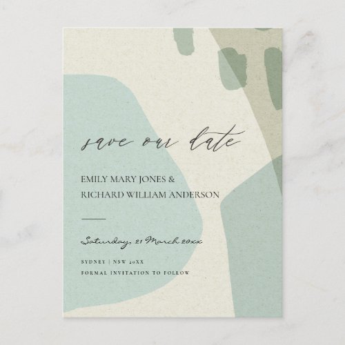 MODERN ABSTRACT AQUA BLUE ARTISTIC SAVE THE DATE ANNOUNCEMENT POSTCARD