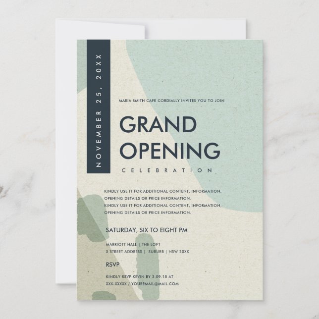MODERN ABSTRACT ART AQUA BLUE GRAND OPENING EVENT INVITATION (Front)