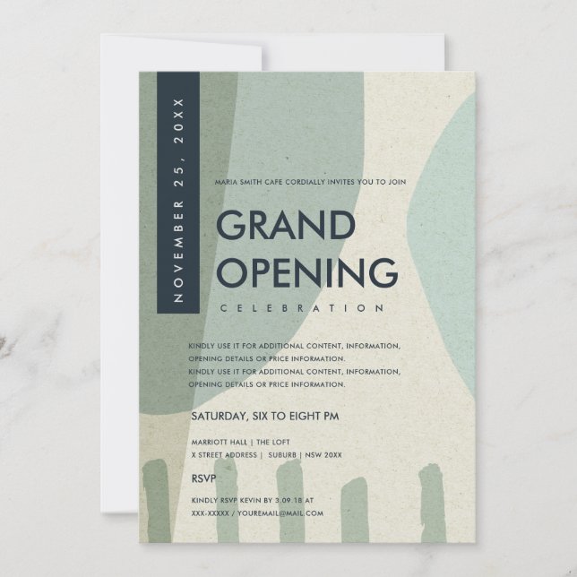 MODERN ABSTRACT ART AQUA BLUE GRAND OPENING EVENT INVITATION (Front)