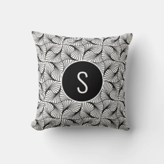 Modern Abstract Art Black & White Swirls Monogram Throw Pillow