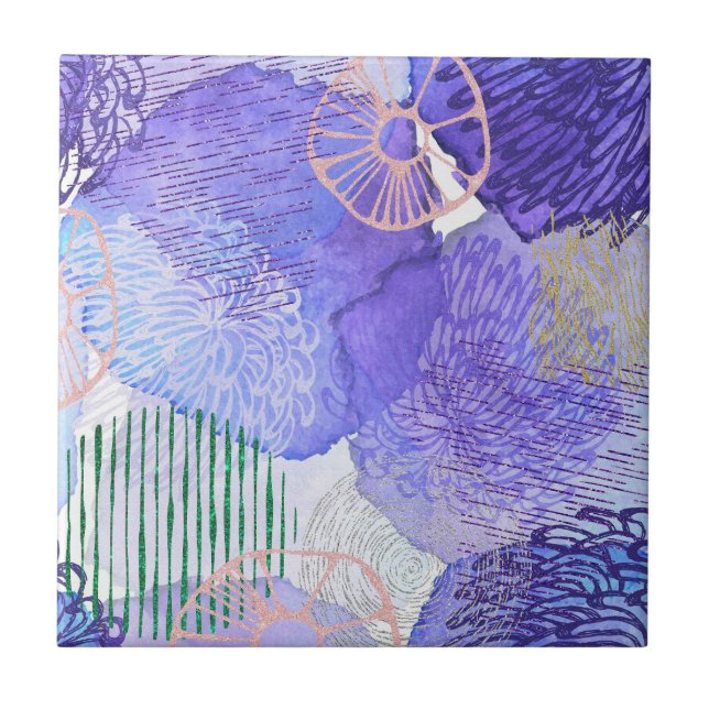 Modern abstract art blue and purple ceramic tile (Front)