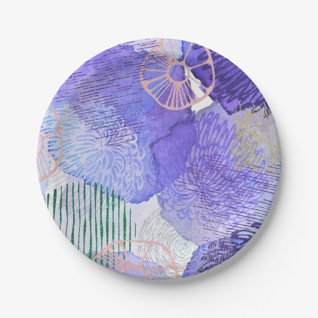 Modern abstract art blue and purple paper plates (Front)