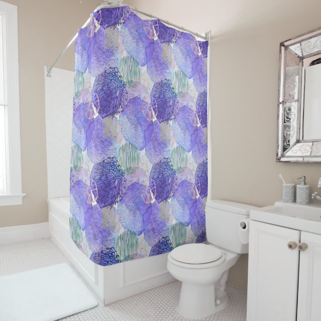Modern abstract art blue and purple shower curtain (In Situ)