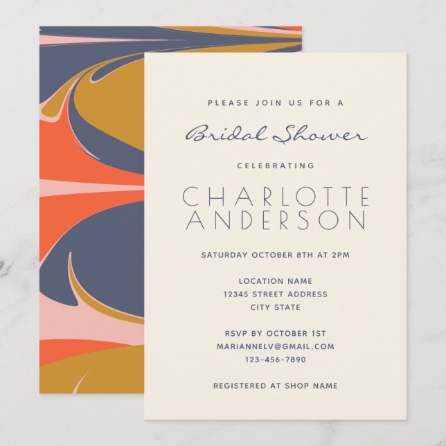 Modern Abstract Art Blue Red Gold Bridal Shower  Invitation (Front/Back)