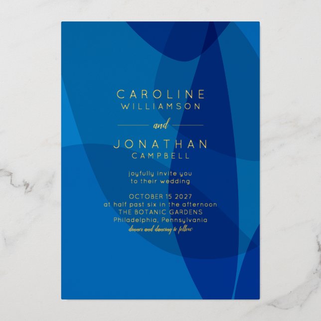 Modern Abstract Art Blue Unique Chic Wedding Gold Foil Invitation (Front)