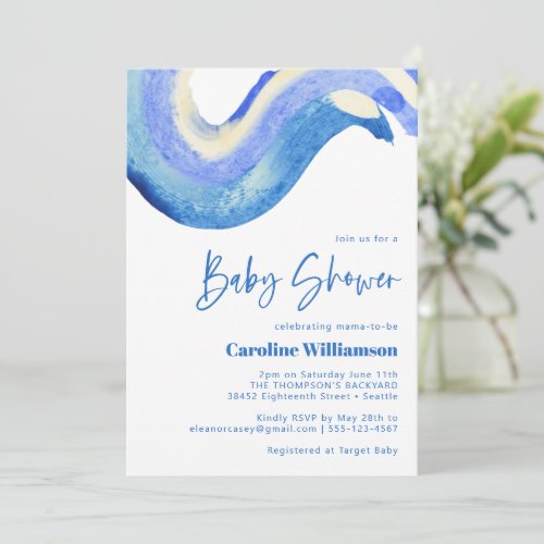 Modern Abstract Art Blue Watercolor Baby Shower Invitation