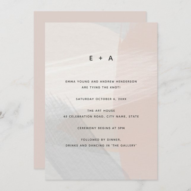 Modern Abstract Art Brush Strokes Blush Wedding Invitation (Front/Back)