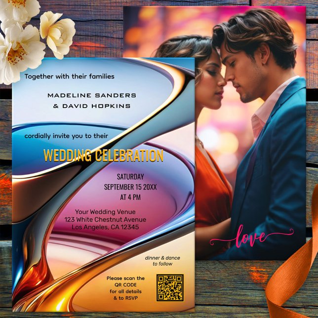 Modern Abstract Art Colorful Photo Wedding Invitation (Elegant modern photo wedding invitation featuring a colorful abstract art design - with QR code)