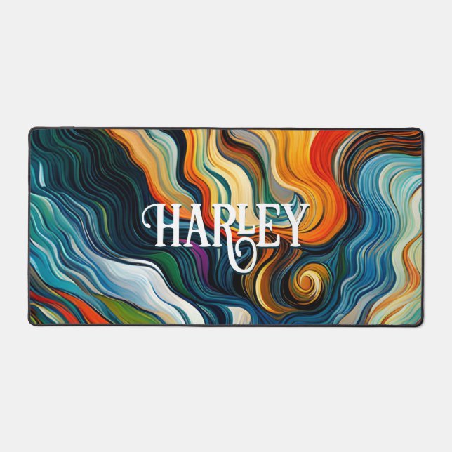 Modern Abstract Art Colorful Swirls Monogram Desk Mat (Front)