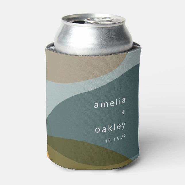 Modern Abstract Art Green Sage Teal Custom Wedding Can Cooler (Can Front)