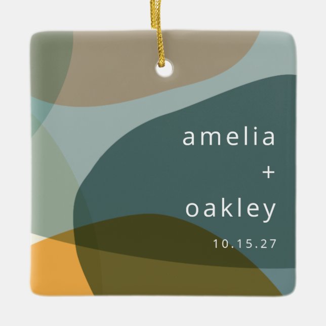 Modern Abstract Art Green Sage Teal Custom Wedding Ceramic Ornament (Front)
