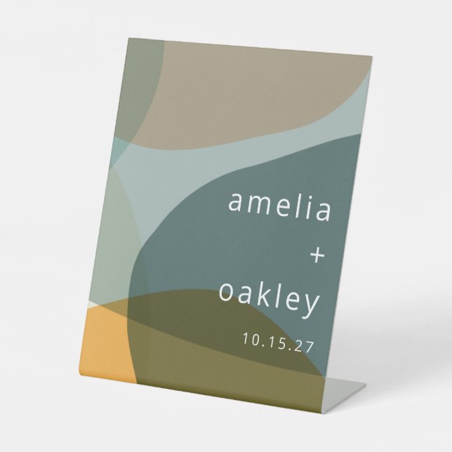 Modern Abstract Art Green Sage Teal Custom Wedding Pedestal Sign (Front)