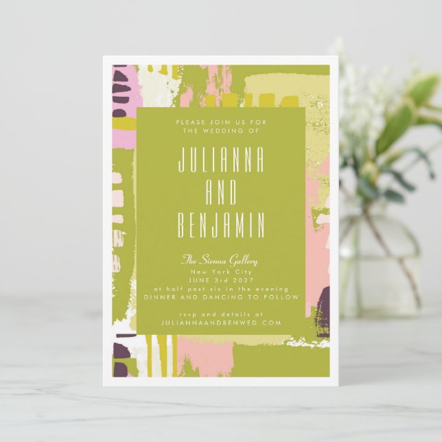 Modern Abstract Art Lime Green and Pink Wedding Invitation (Standing Front)