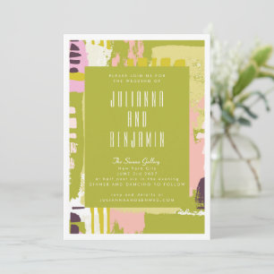 Modern Abstract Art Lime Green and Pink Wedding Invitation