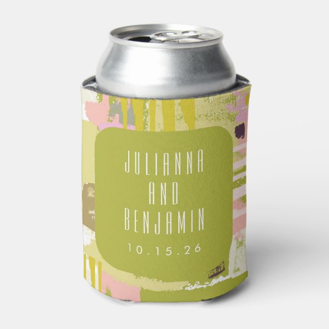 Modern Abstract Art Lime Green Pink Wedding Custom Can Cooler (Can Front)