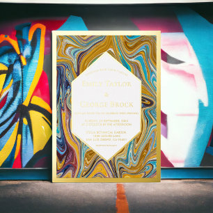 Modern Abstract Art Liquid Painting Wedding Gold Foil Invitation