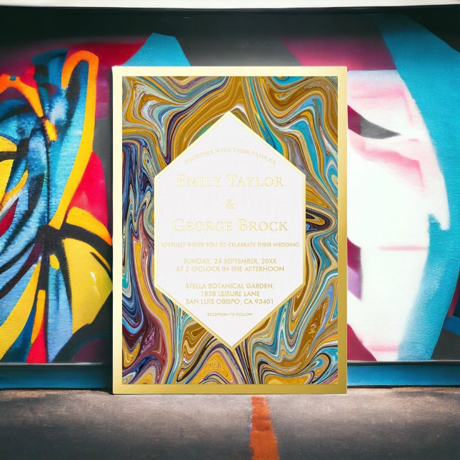 Modern Abstract Art Liquid Painting Wedding Gold Foil Invitation (Creator Uploaded)