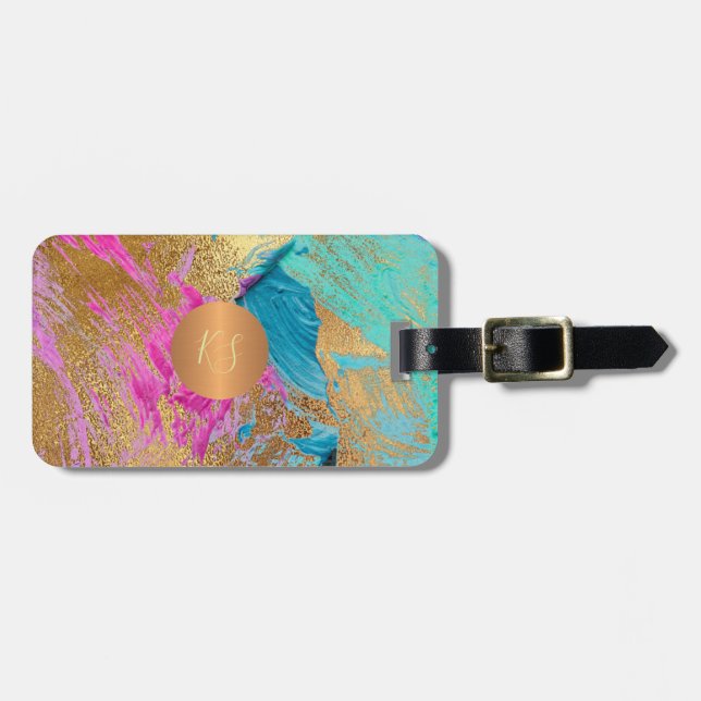Modern abstract art painting copper gold monogram luggage tag (Front Horizontal)