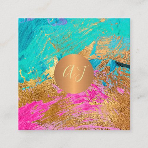 Modern abstract art painting copper gold monogram square business card