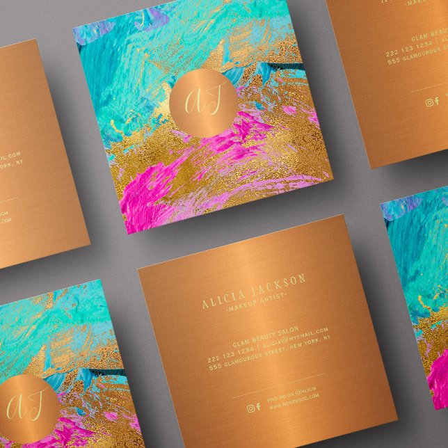 Modern abstract art painting copper gold monogram square business card (Creator Uploaded)