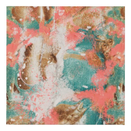 Modern Abstract Art Painting Coral Teal Gold White Faux Canvas Print
