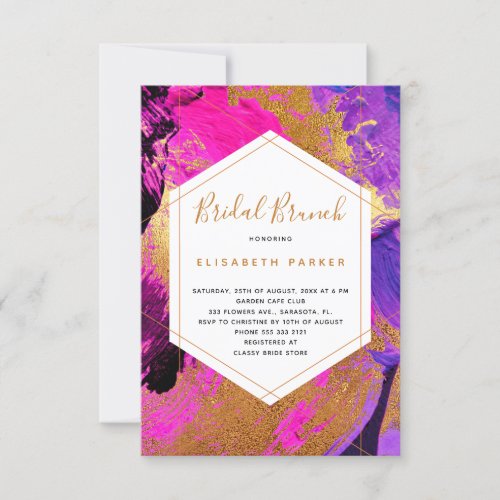 Modern abstract art pink purple gold bridal shower invitation