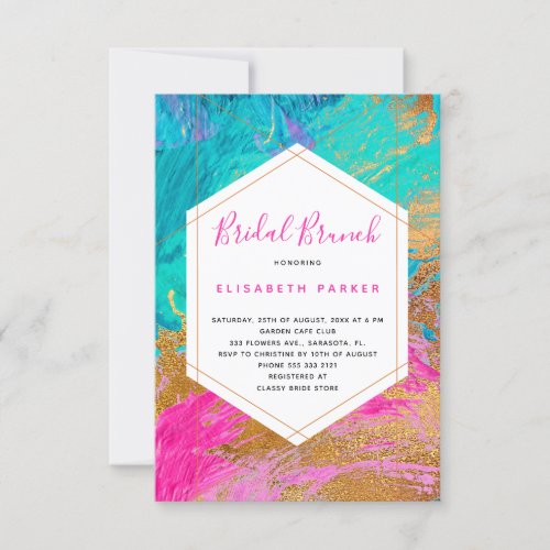 Modern abstract art pink teal gold bridal shower invitation