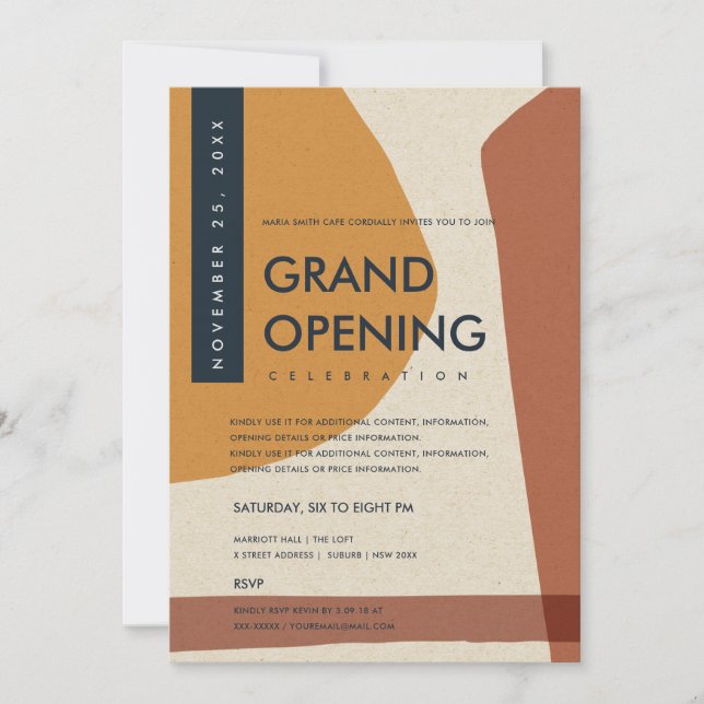 MODERN ABSTRACT ART RUST ORANGE GRAND OPENING INVITATION (Front)