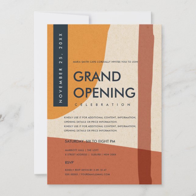 MODERN ABSTRACT ART RUST ORANGE GRAND OPENING INVITATION (Front)