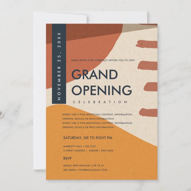 MODERN ABSTRACT ART RUST ORANGE GRAND OPENING INVITATION (Front)