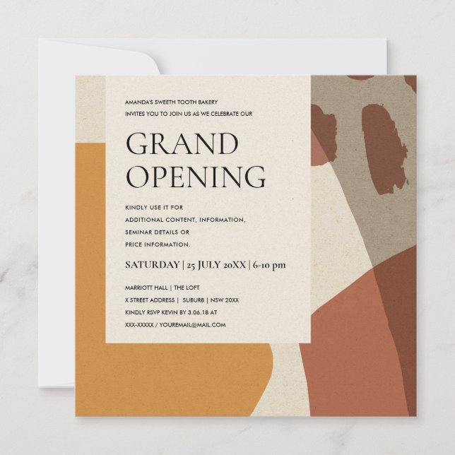 MODERN ABSTRACT ART RUST YELLOW  GRAND OPENING INVITATION (Front)