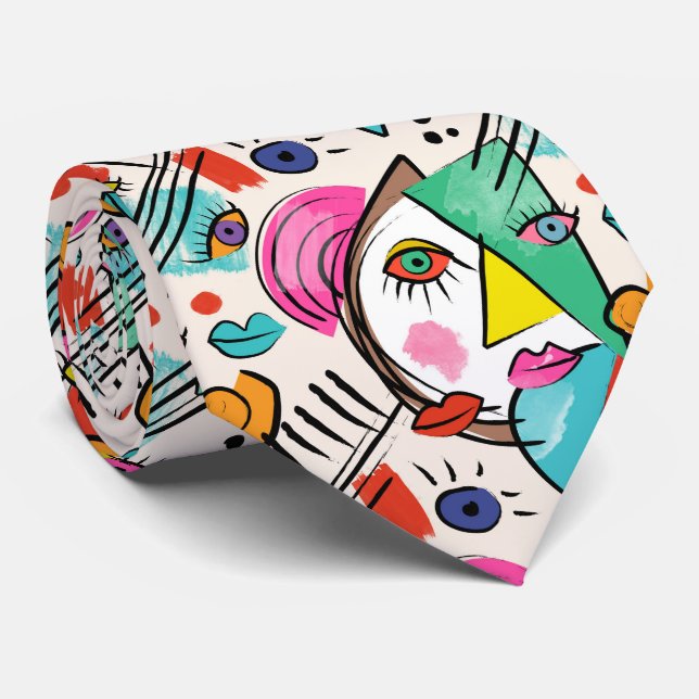 Modern Abstract Artsy Female Faces Neck Tie (Rolled)