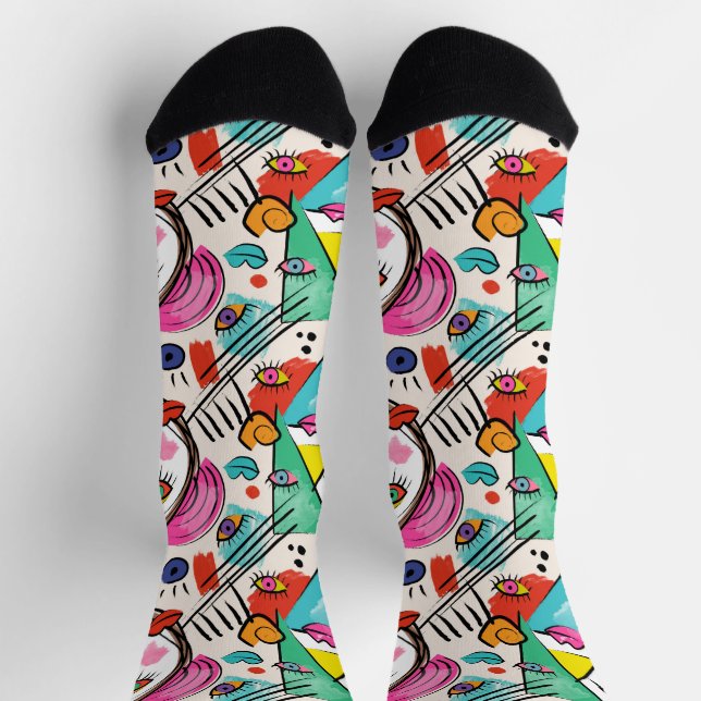 Modern Abstract Artsy Female Faces Socks (Top)