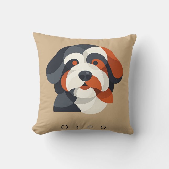 Modern Abstract Bernedoodle Portrait - Geometric T Throw Pillow (Front)
