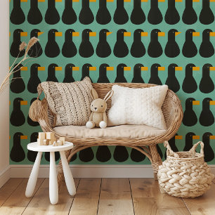 Modern Abstract Bird Pattern Bold Black & Teal Wallpaper