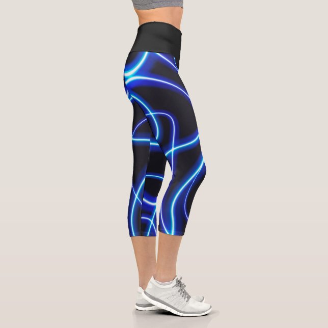 Modern Abstract Black And Blue Neon Capri Leggings (Right)