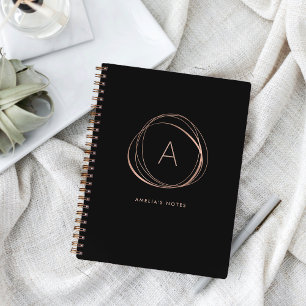 Modern Abstract Black and Faux Rose Gold Monogram Notebook