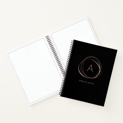 Modern Abstract Black and Faux Rose Gold Monogram Notebook