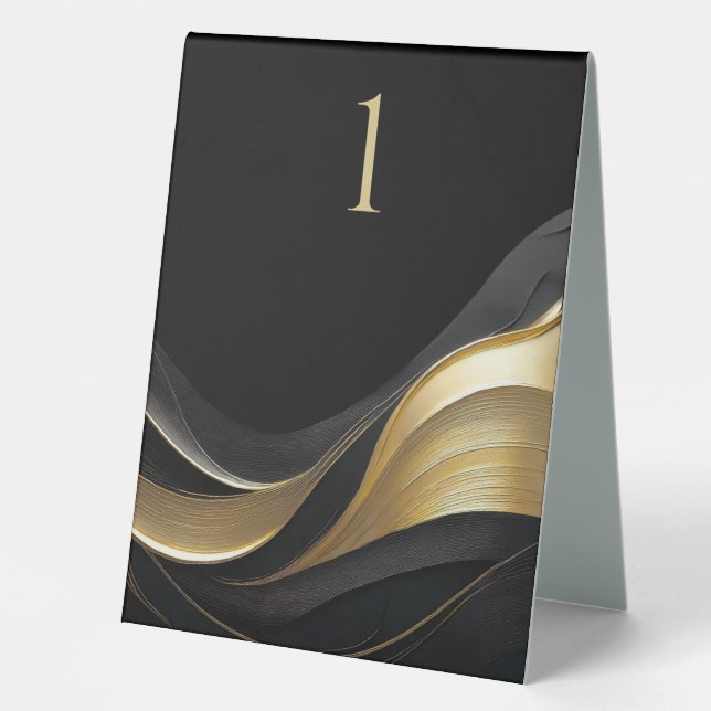 Modern Abstract Black and Gold Elegant Wedding Table Tent (Front)