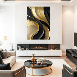 Modern Abstract Black and Gold Faux Canvas Print