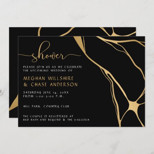 Modern Abstract Black and Gold Japanese Kintsugi  Invitation