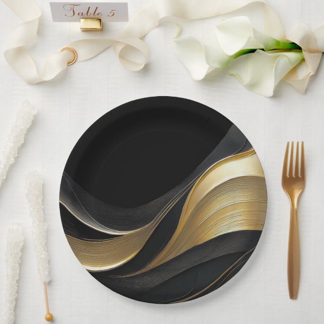 Modern Abstract Black and Gold  Paper Plates (Wedding)