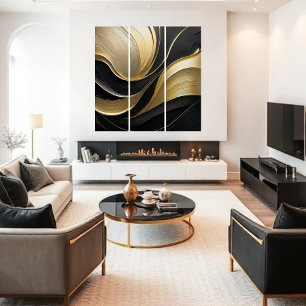 Modern Abstract Black and Gold Triptych