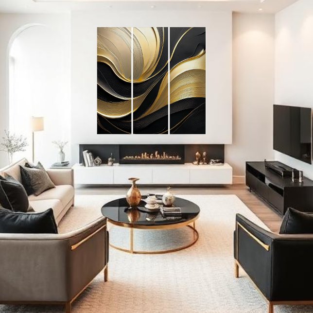 Modern Abstract Black and Gold Triptych (Modern Black and Gold Abstract- Wall Art)