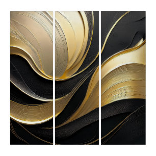 Modern Abstract Black and Gold Triptych