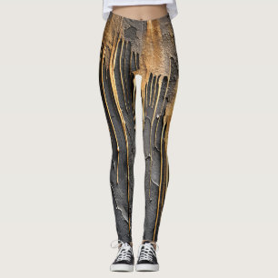 Modern Abstract Black and Metallic Gold Drips Leggings