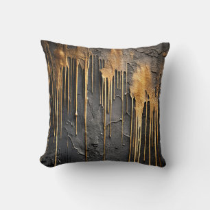 Modern Abstract Black and Metallic Gold Drips Throw Pillow