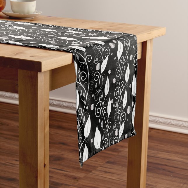 Modern abstract black and white ink illustration short table runner (In Situ)