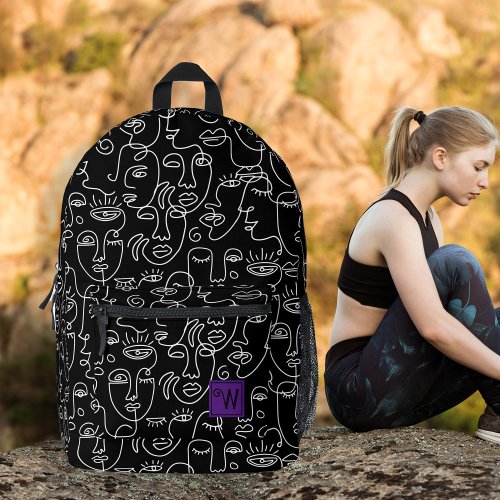 Modern Abstract Black and White Line Face Monogram Printed Backpack