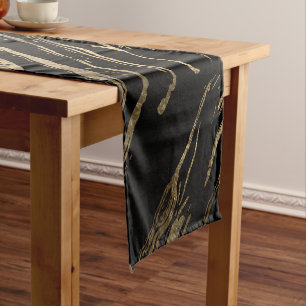 Modern Abstract Black Gold Marble Short Table Runner